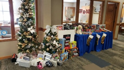 BLC Community Bank collects Toys for Tots donations in their lobby.