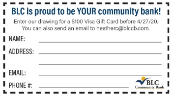 Community Banking Month Entry Slip: Enter our drawing for a 100 dollar Visa Gift Card before 4/27/20. Name, Address. Email. Phone.